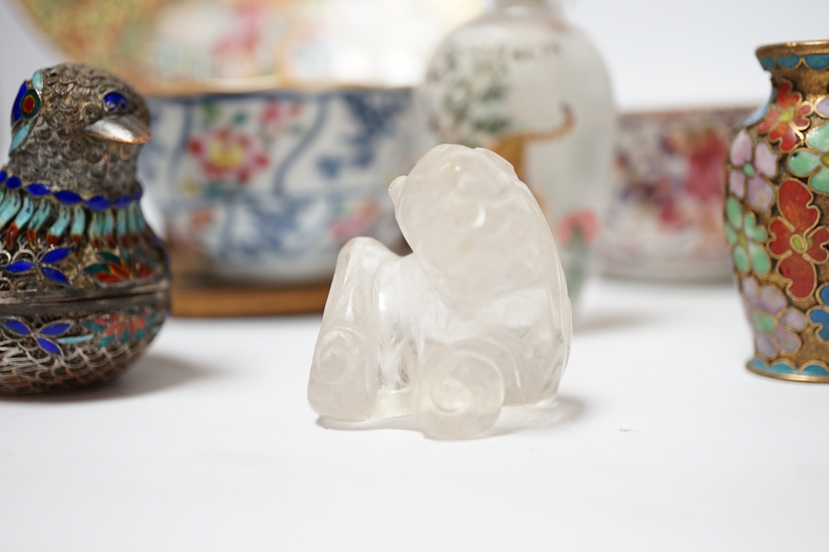 A collection of mixed Chinese scent bottles a famille rose plate and two tea bowls together with various Japanese items